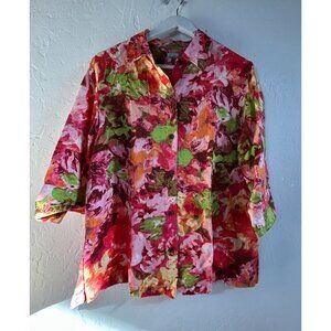 Chico's Womens Floral Button-Up Shirt 2 Linen Multicolor 3/4 Sleeve Lightweight